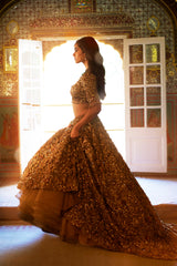 Gold Three-Dimensional Jewel Lehenga Set