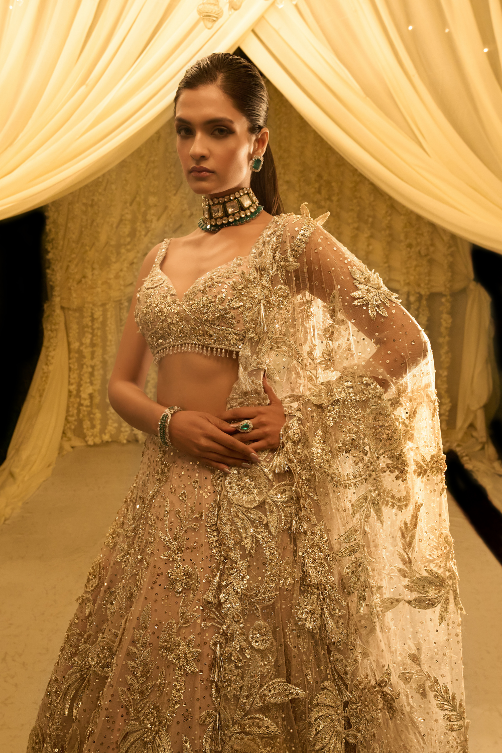 Nude Floral Three-Dimensional Lehenga Set