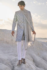 Metallic Grey Mirror Work Sherwani Set
