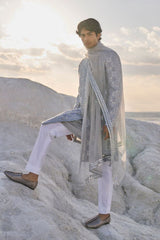Metallic Grey Mirror Work Sherwani Set