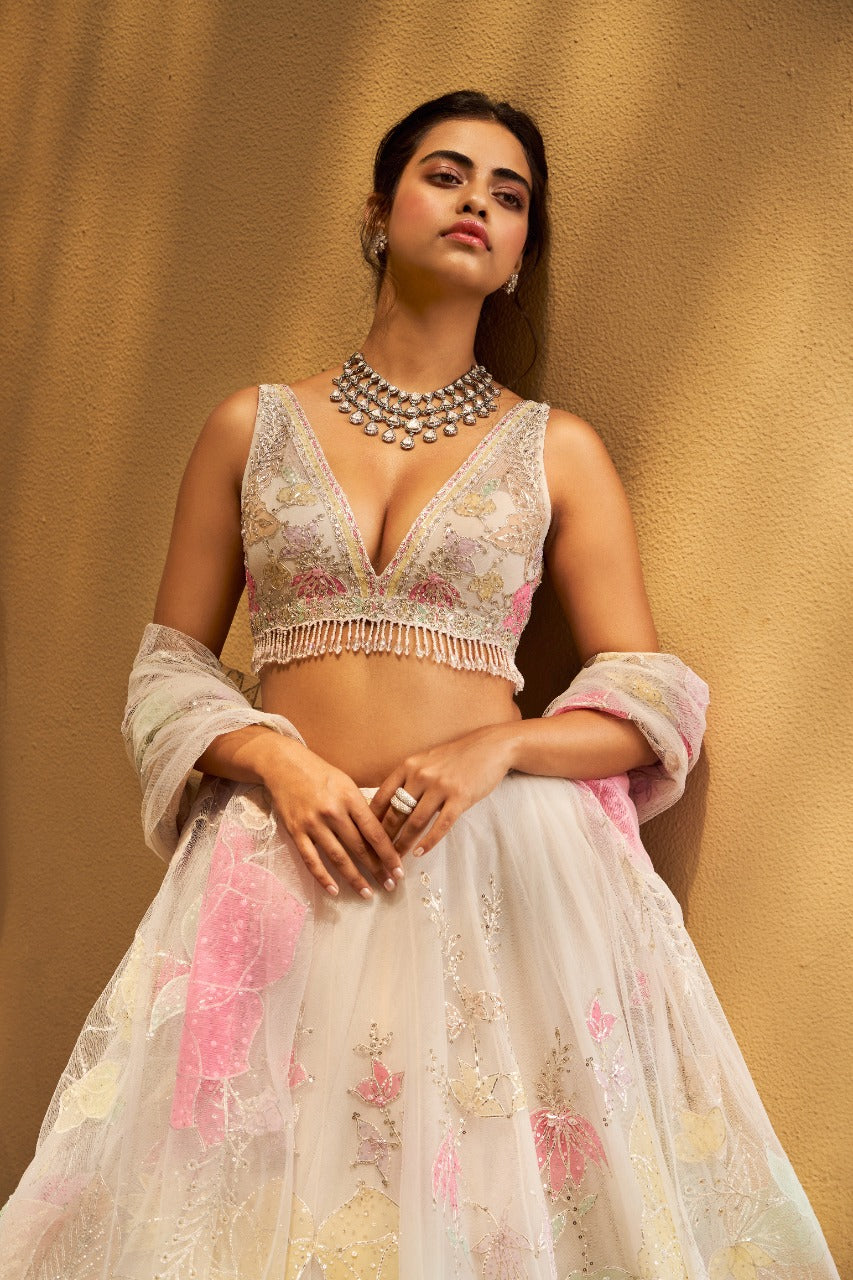 Ivory Multi-Coloured Floral Lehenga Set