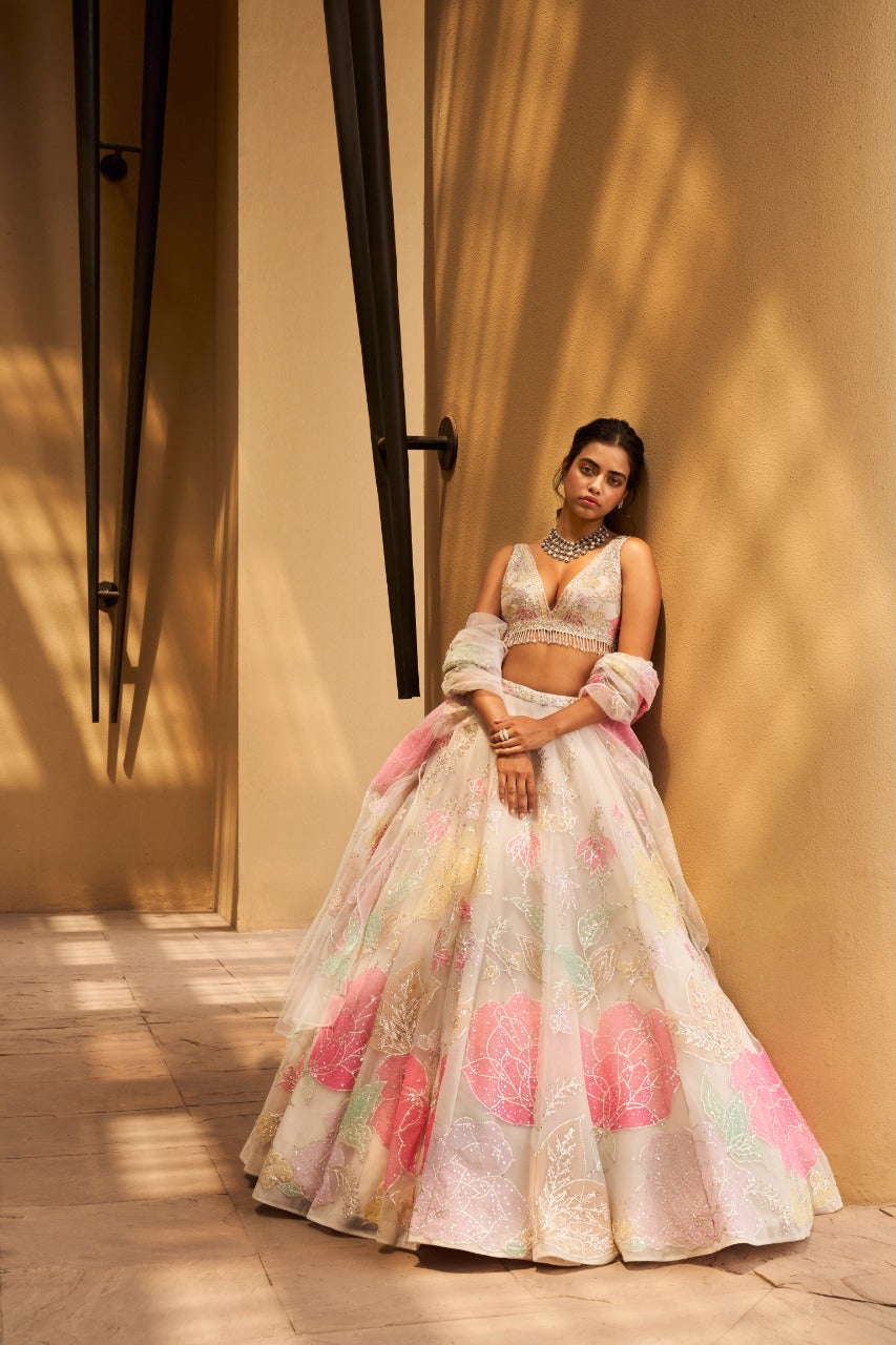 Ivory Multi-Coloured Floral Lehenga Set