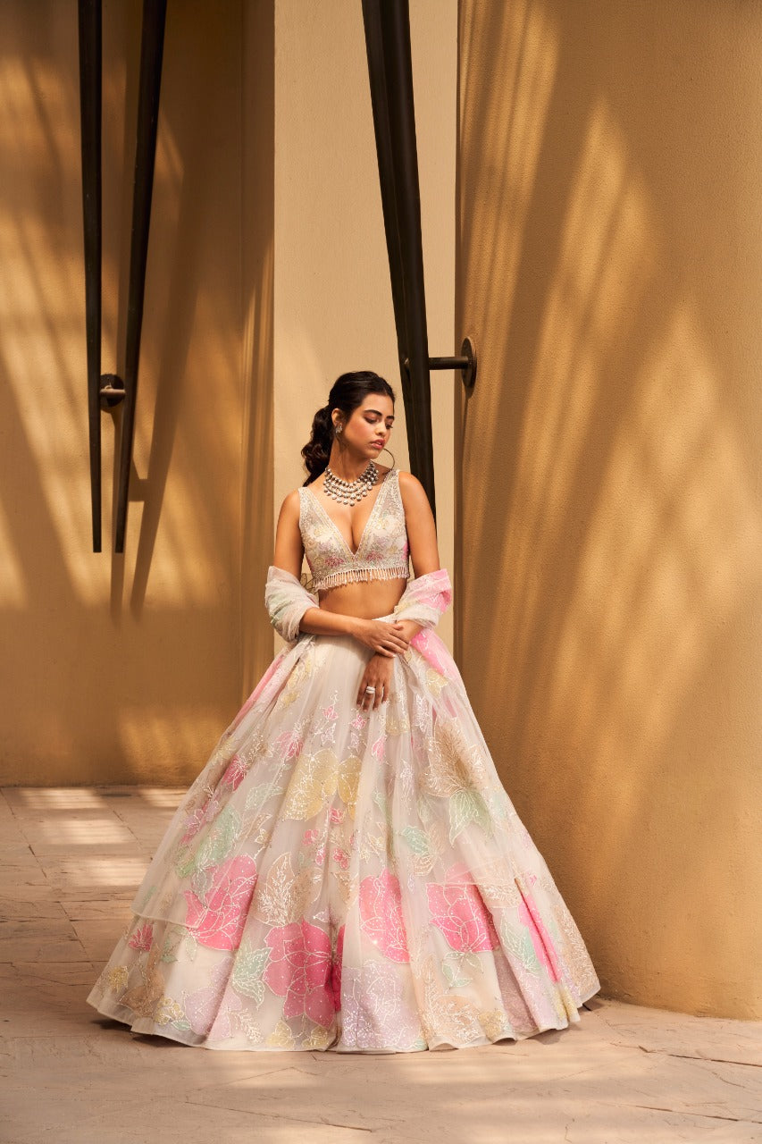 Ivory Multi-Coloured Floral Lehenga Set