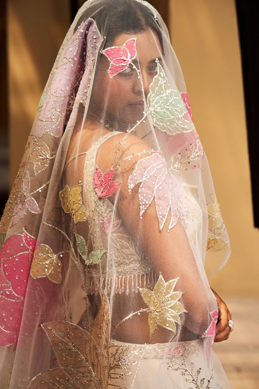 Ivory Multi-Coloured Floral Lehenga Set