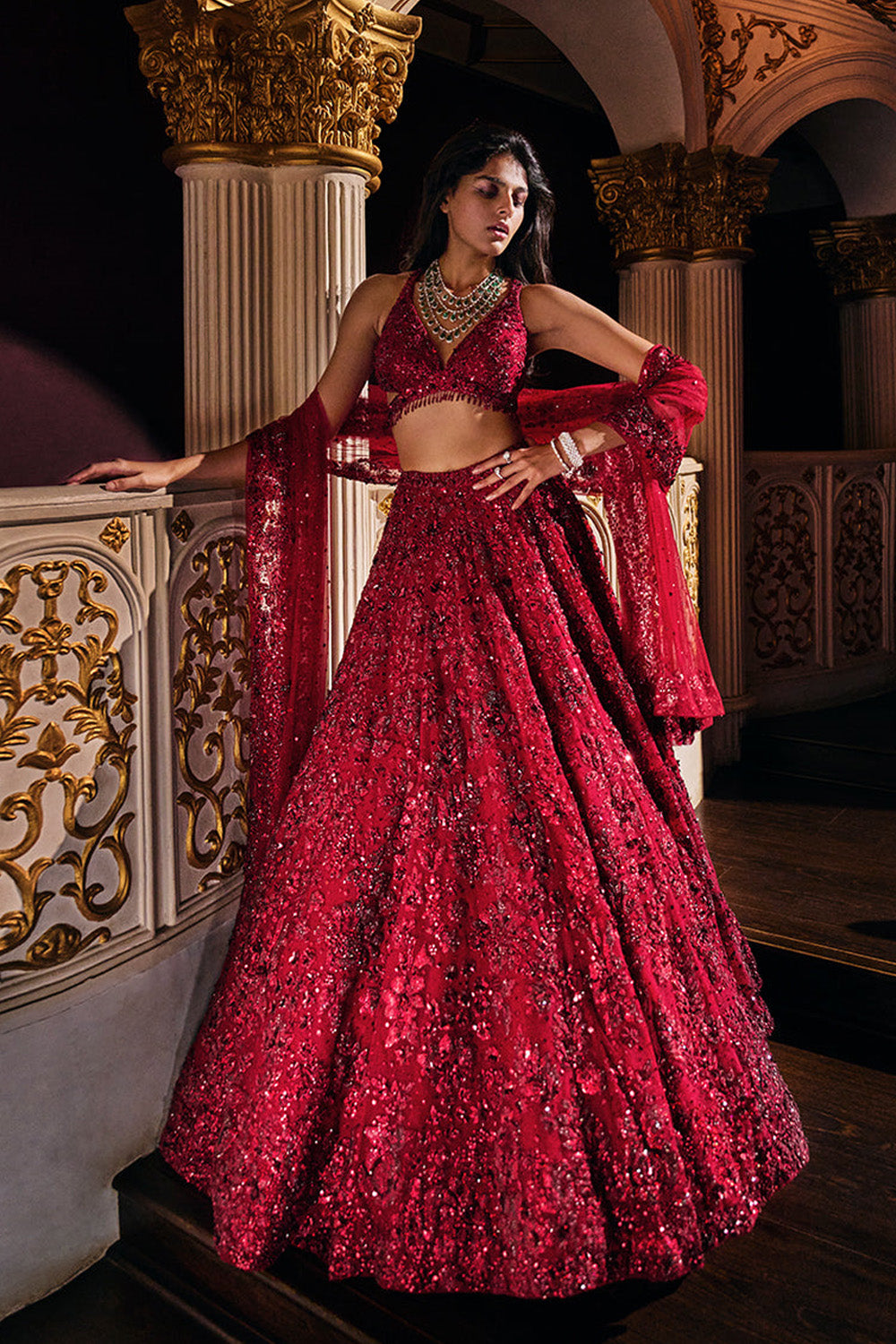 Maroon Sequin Floral Lehenga Set