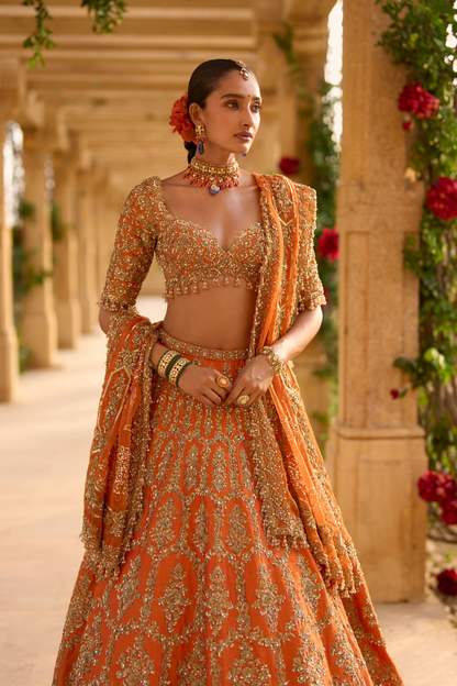 Burnt Orange Zardosi Lehenga Set