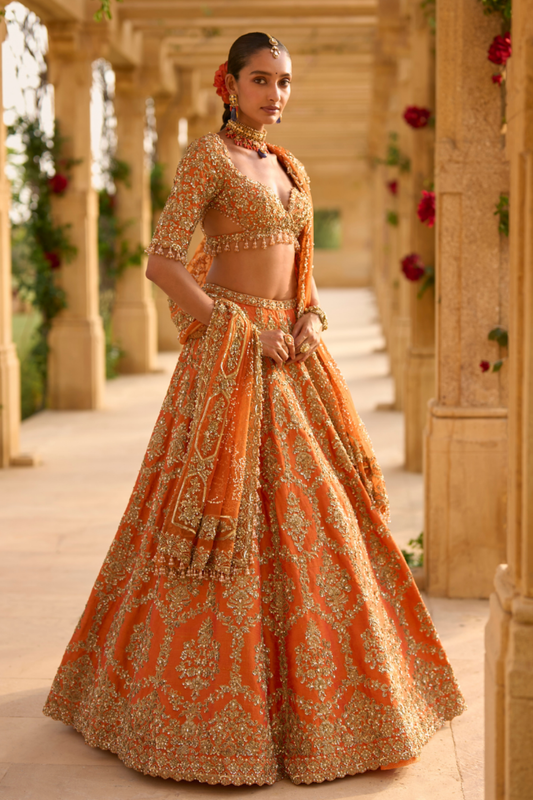 Burnt Orange Zardosi Lehenga Set
