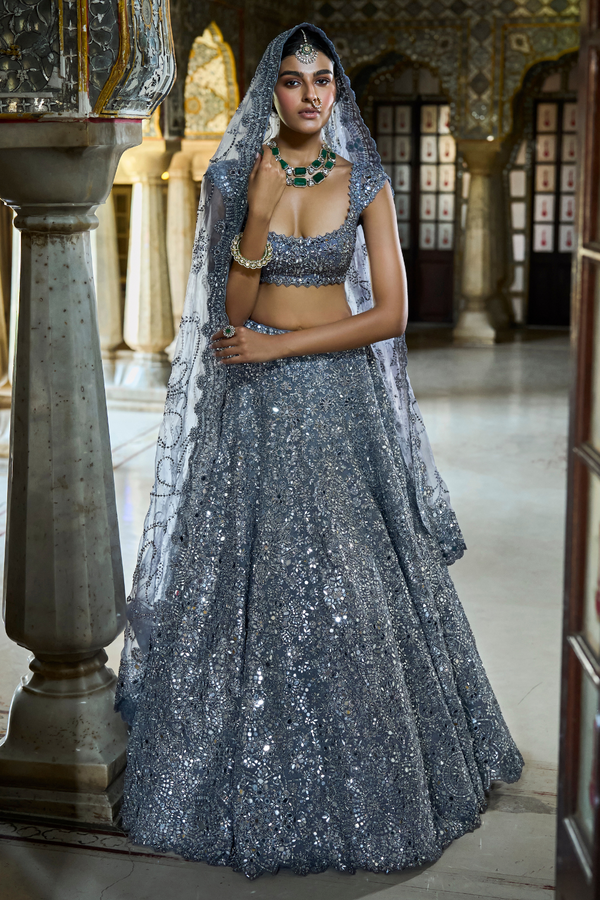 Steel Grey Mirror Work Lehenga Set