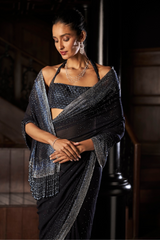 Navy Blue Crystal Georgette Saree