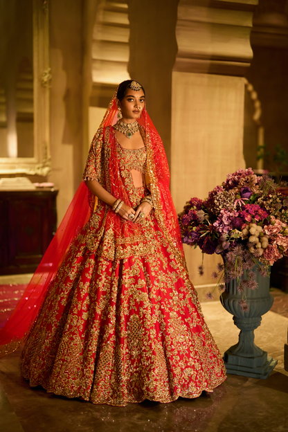 Red Zardosi Cut Work Lehenga Set