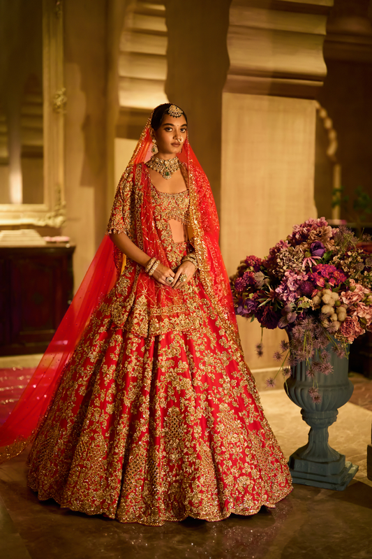 Red Zardosi Cut Work Lehenga Set