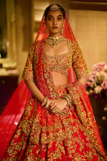 Red Zardosi Cut Work Lehenga Set