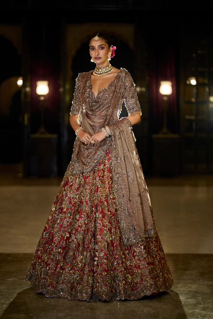 Antique Gold Maroon Lehenga Set
