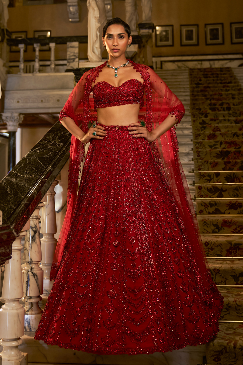 Red Crystal Lehenga Set