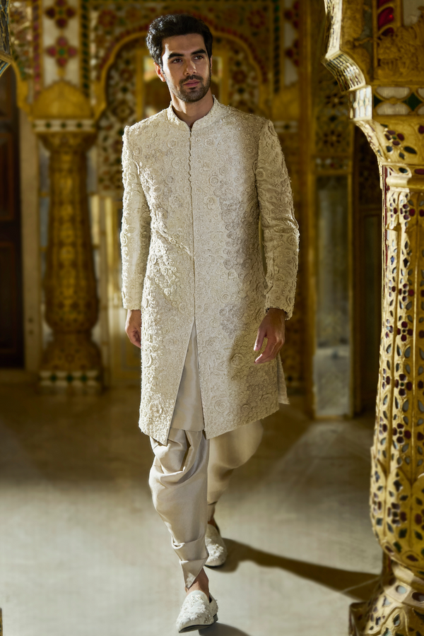 Vintage Ivory Three-Dimensional Sherwani Set