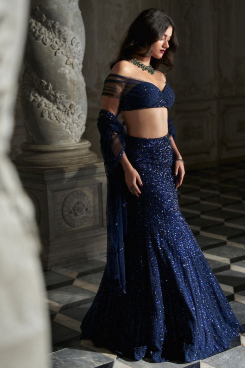 Navy Sequin Skirt Set