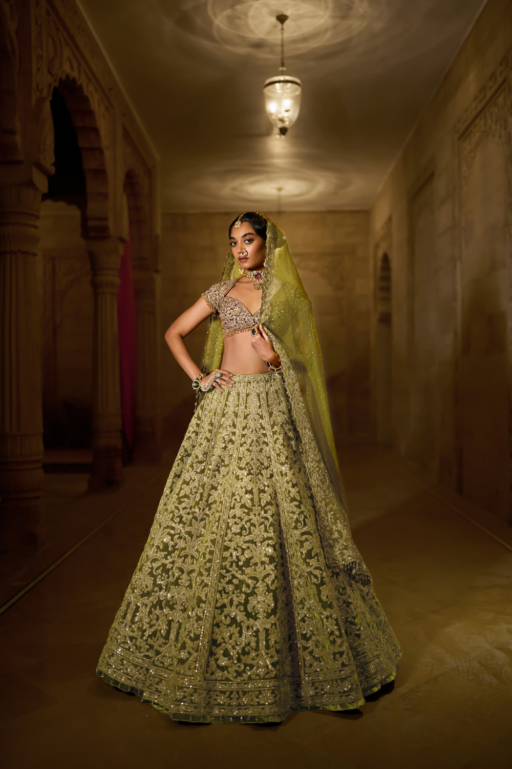 Green Velvet Zardosi Lehenga Set