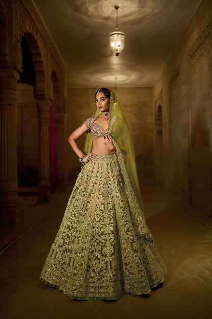 Green Velvet Zardosi Lehenga Set
