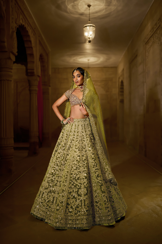 Green Velvet Zardosi Lehenga Set