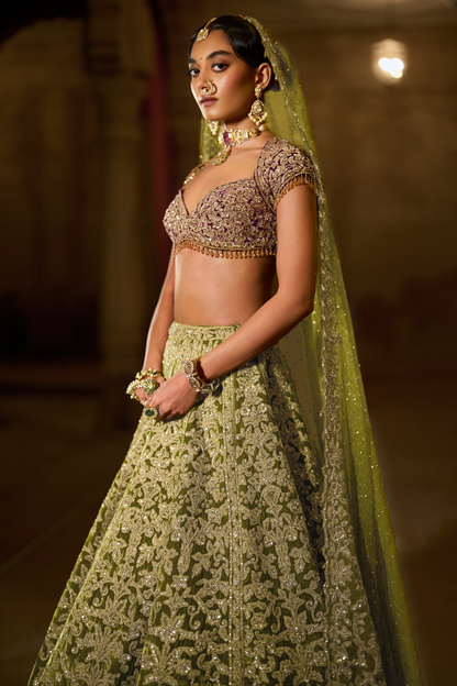 Green Velvet Zardosi Lehenga Set