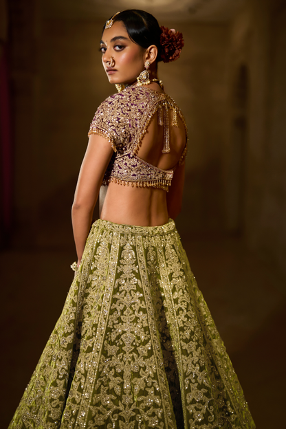 Green Velvet Zardosi Lehenga Set