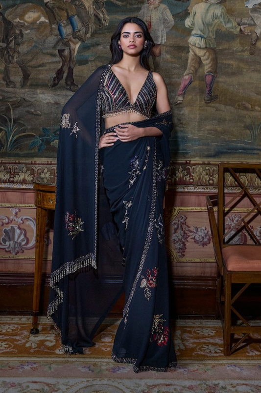 Black Crystal Georgette Saree
