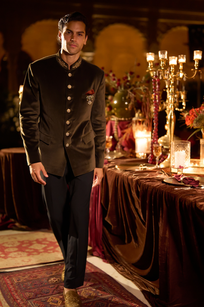 Olive Green Velvet Bandhgala Set