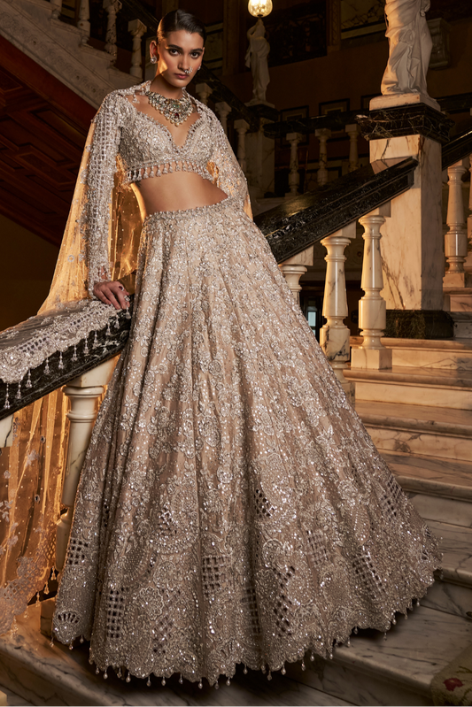 Nude Silver Cut Work Lehenga Set