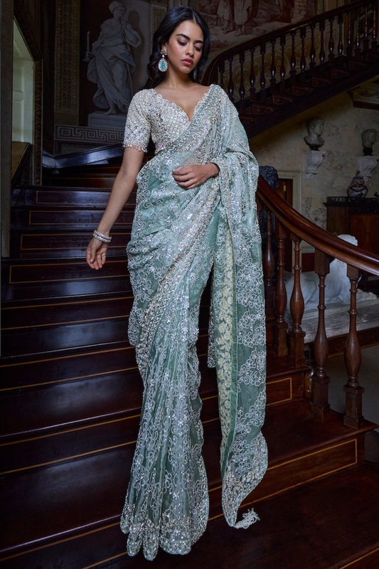 Ivory Sage Zardosi Saree