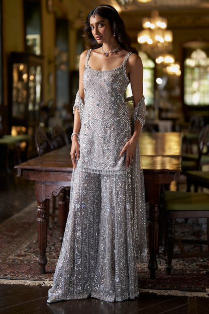 Silver Sequin Sharara Set
