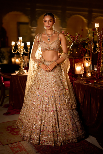 Multi-Coloured Stone & Pearl Lehenga Set