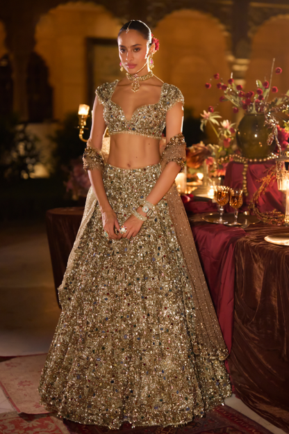 Antique Gold Jeweled Lehenga Set