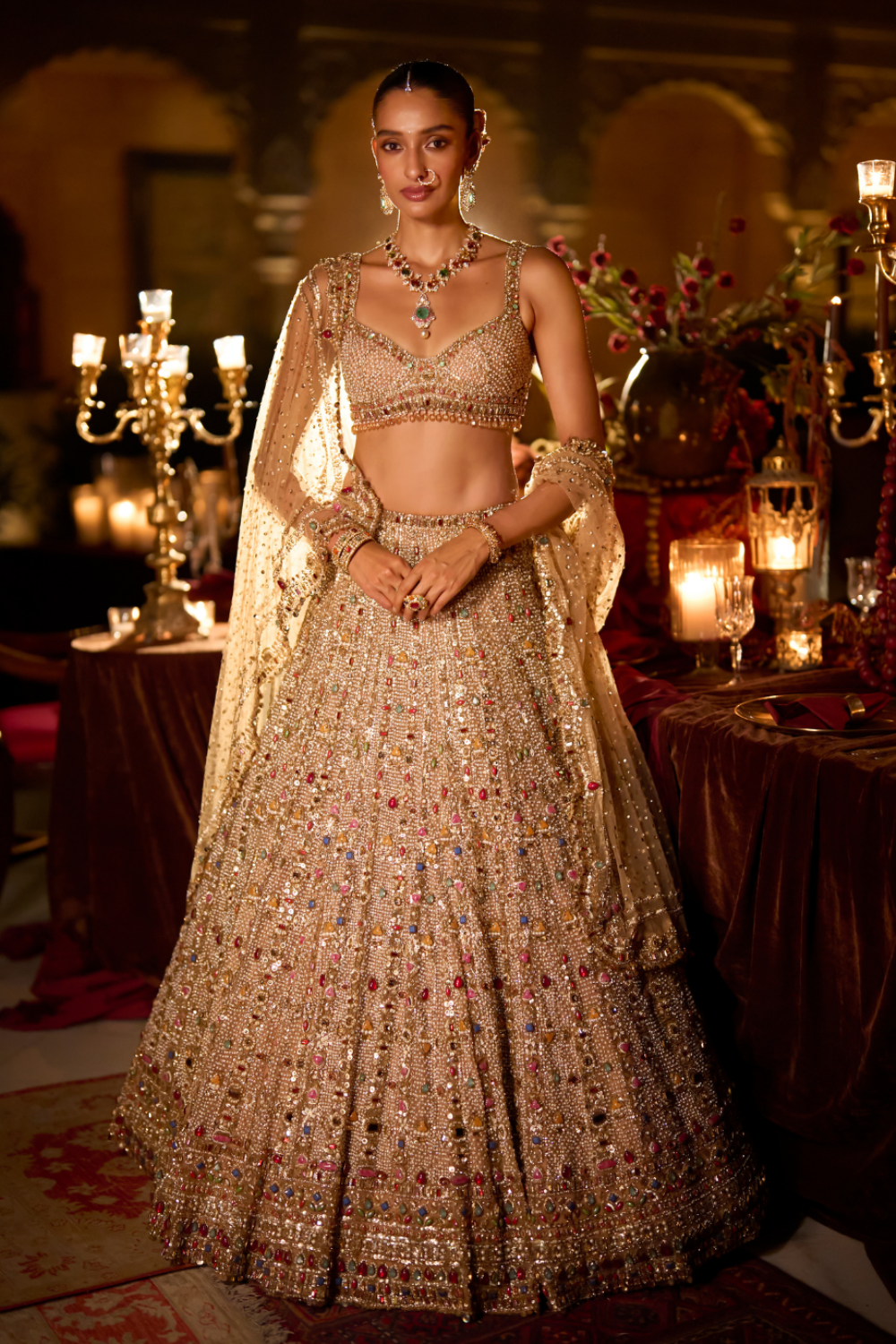 Multi-Coloured Stone & Pearl Lehenga Set