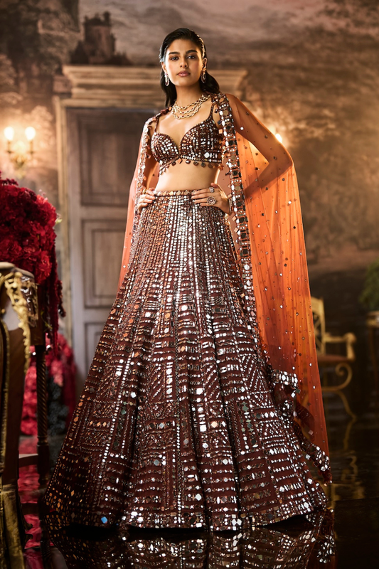 Copper Brown Mirror Work Lehenga Set