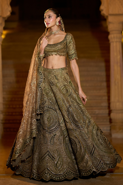 Moss Green Applique Lehenga Set