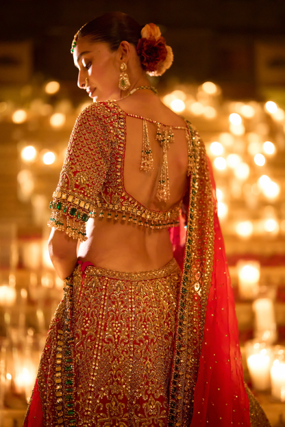 Red & Emerald Zardosi Lehenga Set