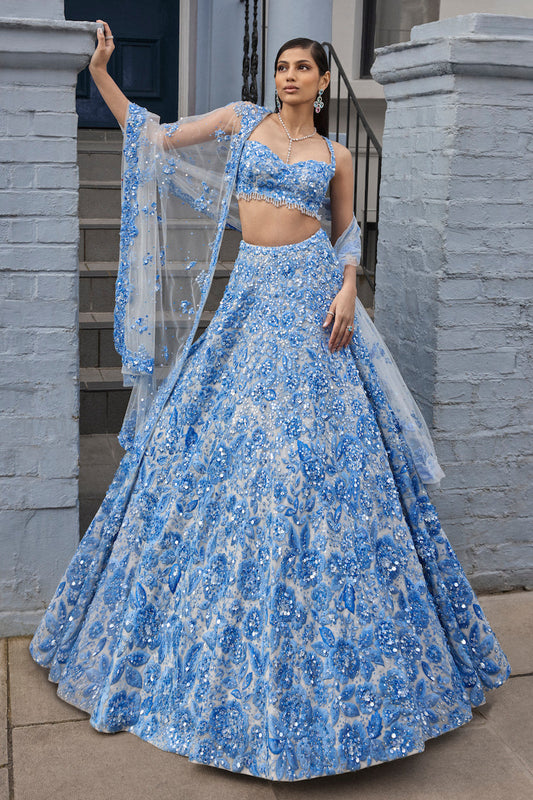 Powder Blue Floral Lehenga Set