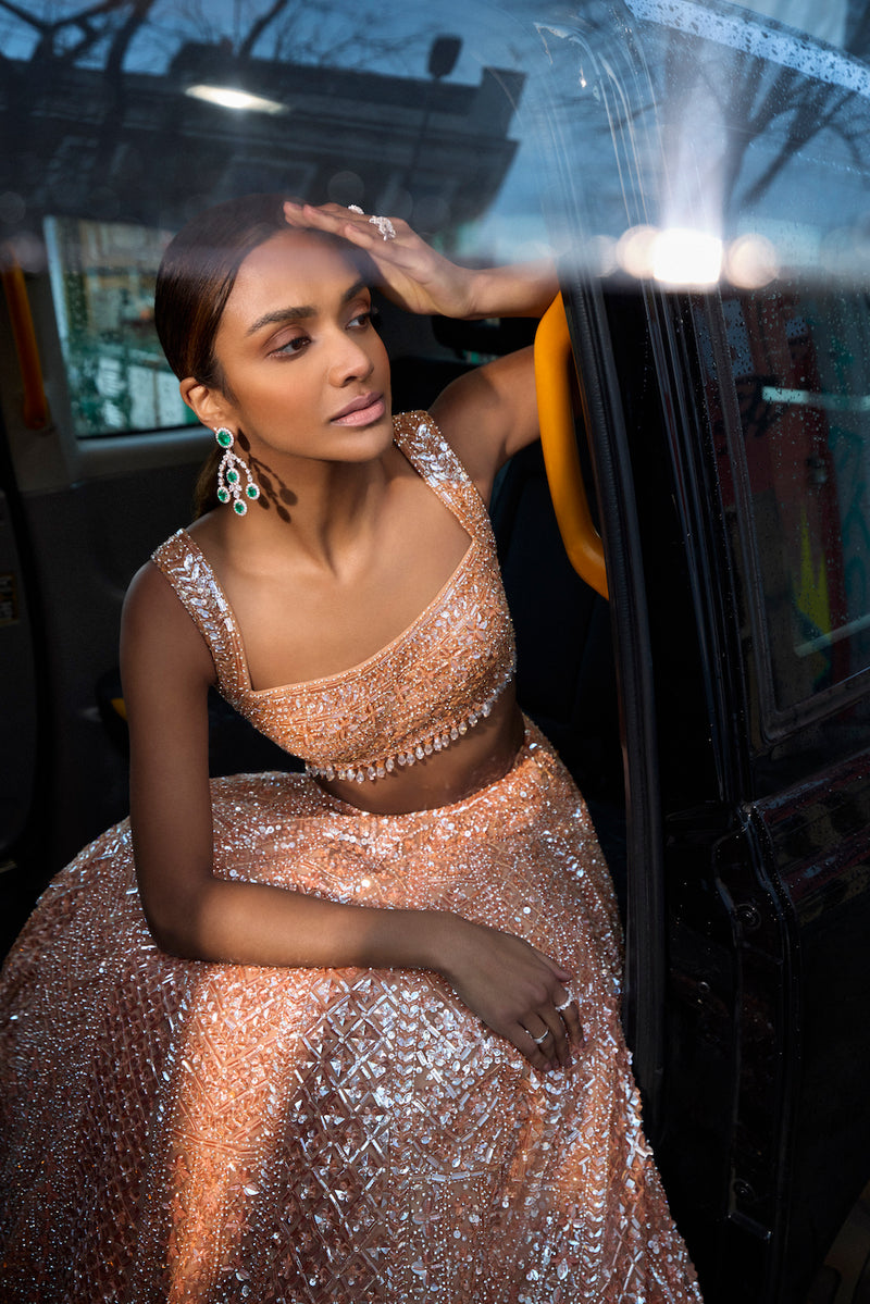 Peach Colour Bridal Lehenga With Jewellery Embroidered Lehenga