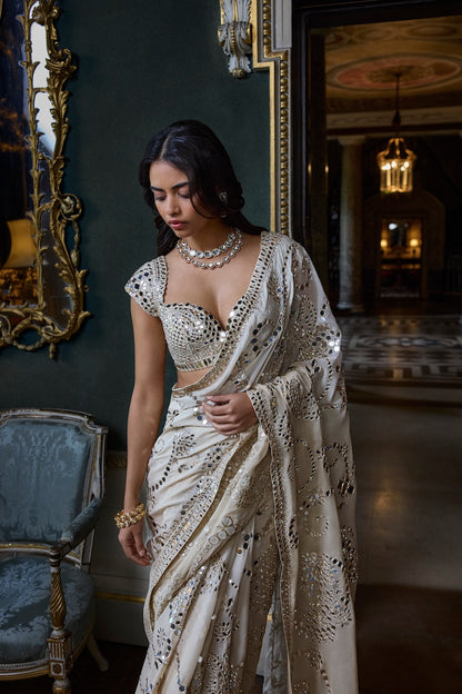 Beige Mirror Work Saree