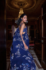 Navy Blue Floral Crystal Saree