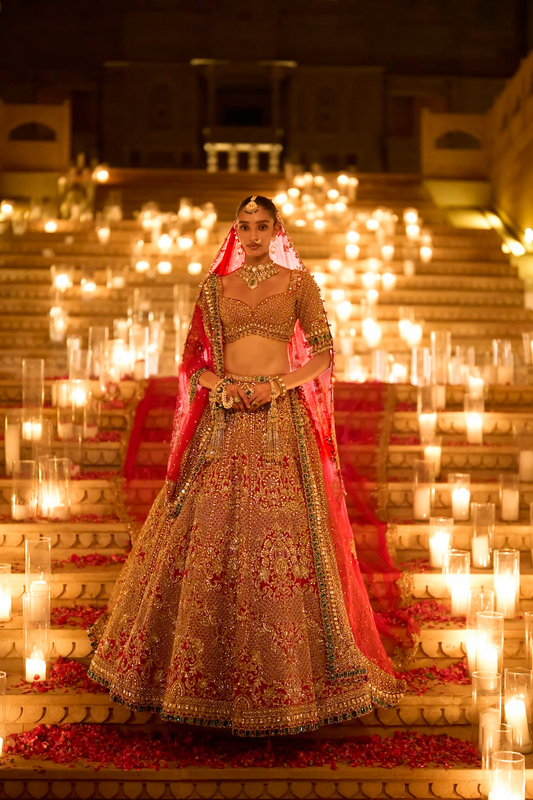 Red & Emerald Zardosi Lehenga Set