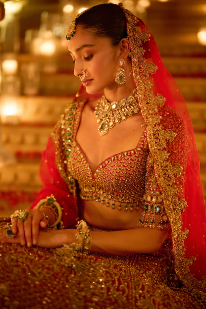 Red & Emerald Zardosi Lehenga Set