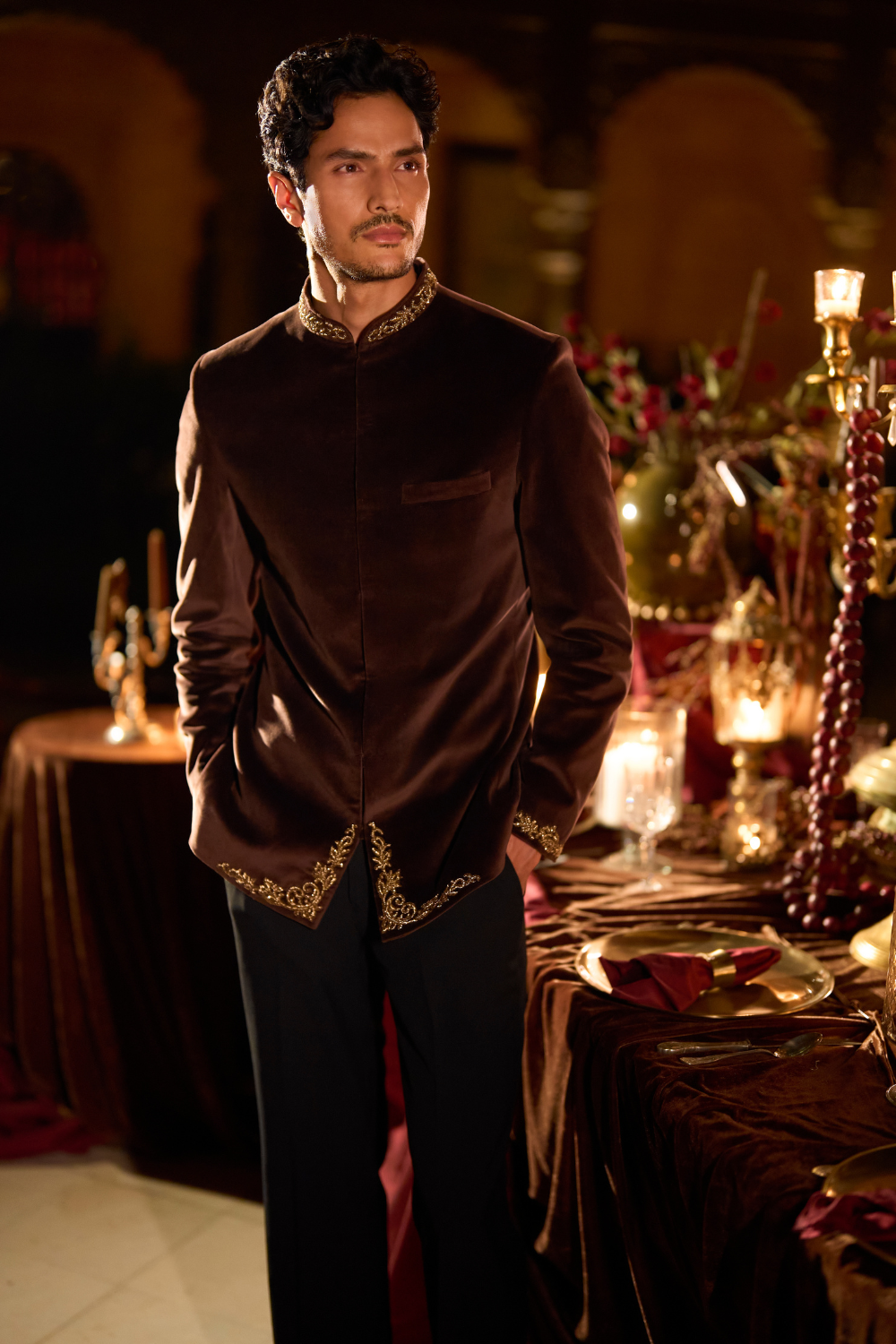 Brown Velvet Bandhgala Set