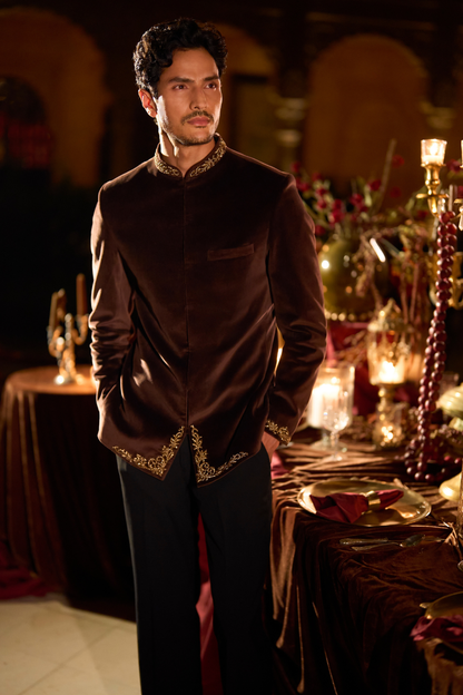 Brown Velvet Bandhgala Set