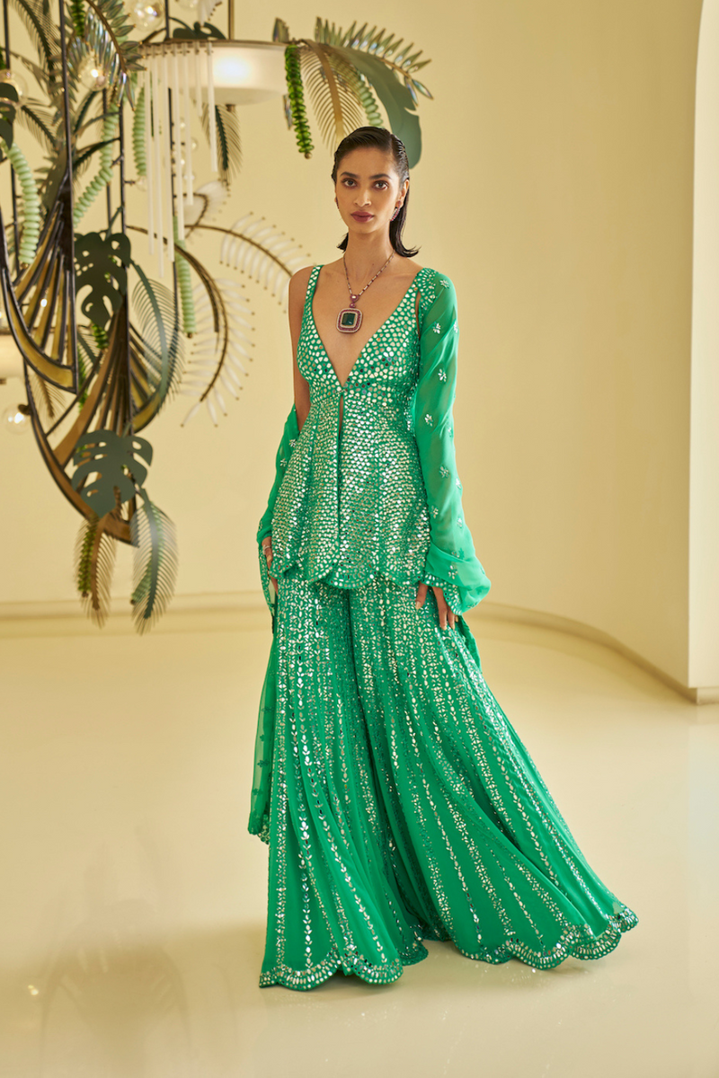 Rakul Preet In Green Mirror Work Sharara Set Rakul Preet In Green Mirror Work Sharara Set
