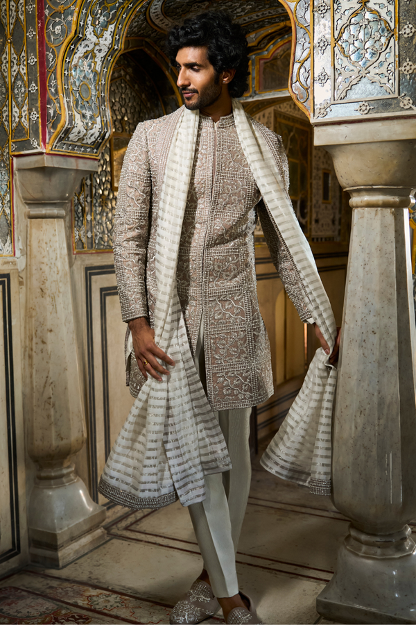 Silver Geometric Sherwani Set