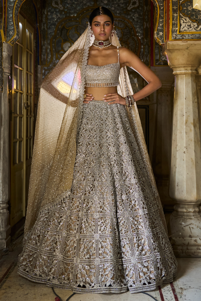 Silver Geometric Cut Work Lehenga