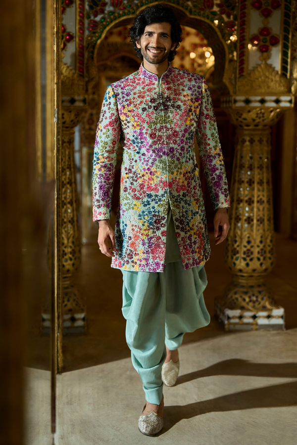 Sage Green Multi-Coloured Three-Dimensional Sherwani Set