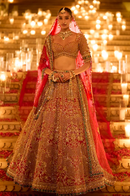 Red & Emerald Zardosi Lehenga Set