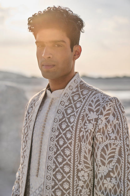 Ishaan Khatter in Nude Cream Open Sherwani Set